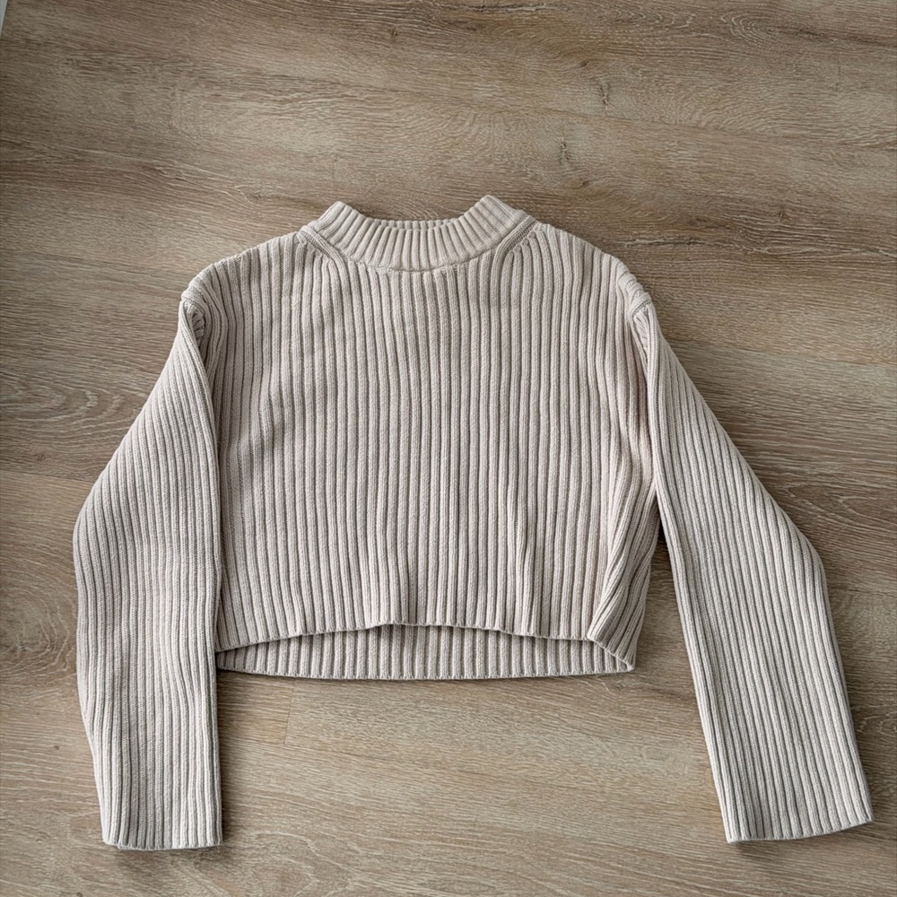 H&M Ribbed Cropped Mock Neck Sweater - Light Beige